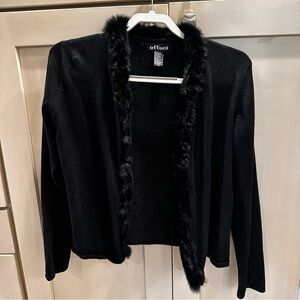 Effeci Black Open-Front Cardigan with Faux Fur Trim